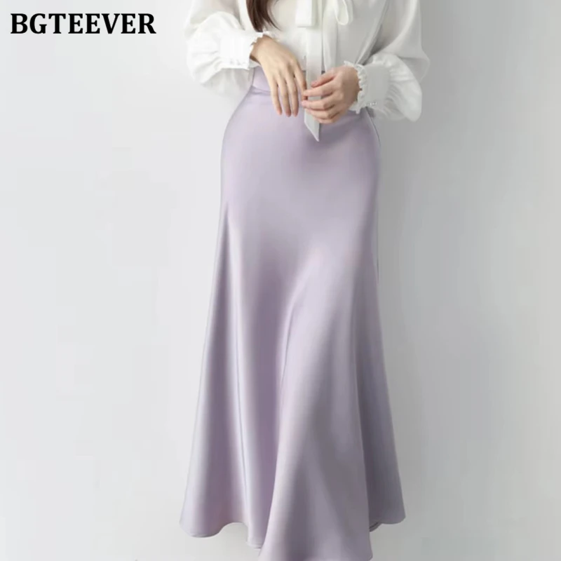 

BGTEEVER Elegant High Waist Satin Mermaid Skirts Women Summer Casual A-line Mid-calf Skirts Female