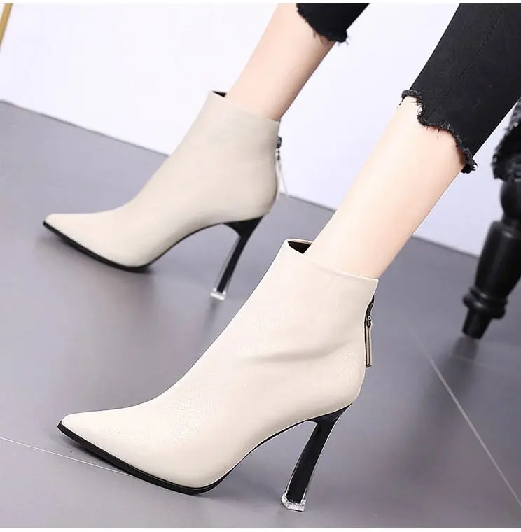 2023 New Women Boots Fashion Thin High Heel Ankle Boots Sexy Pointed Toe Zipper Boots Autumn Winter Ladies Shoes White Boots