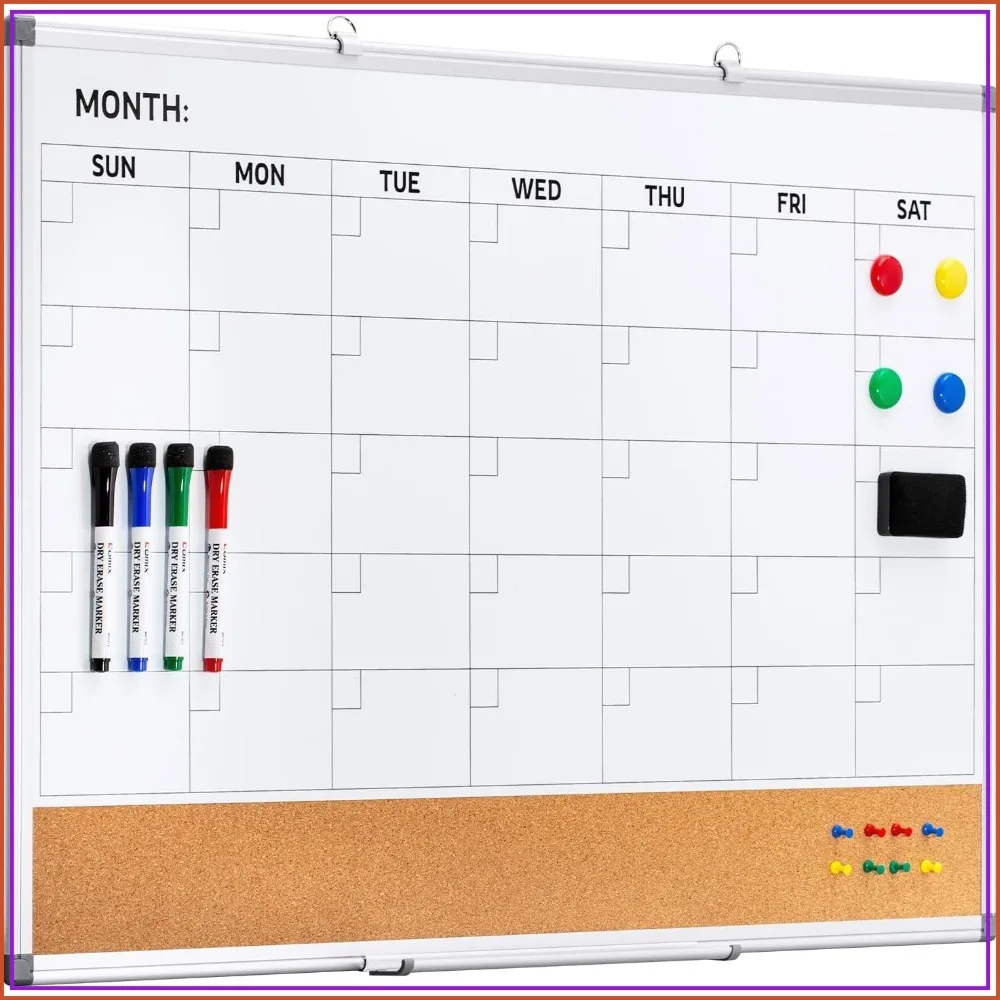 

36x24 Dry Erase Calendar Corkboard Combo, Monthly Planner Bulletin Board with Aluminum Frame, Includes Markers, Magnets, Push Pins