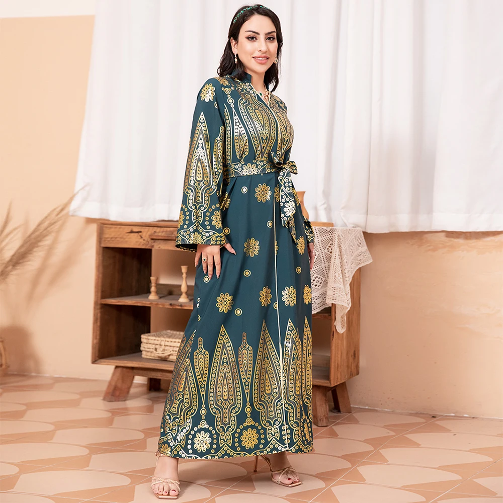 Fridayin Muslim Ramadan celebrity elegant dark green V-neck floral bronzing belt bell sleeves fashionable Arabic long dress