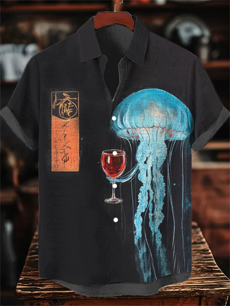 クラゲ柄の3Dプリントメンズリネン半袖シャツ、カジュアルなルーズフィットの半袖ボタンアップシャツトップ