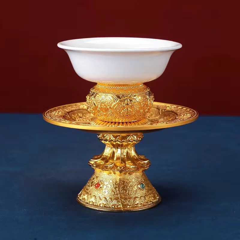 Tibetan Tantric Alloy Tall Tray Auspicious Tribute White Porcelain Buddhism Plate Home Gift Indoor Altars Desktop Decorative