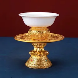 Tibetan Tantric Alloy Tall Tray Auspicious Tribute White Porcelain Buddhism Plate Home Gift Indoor Altars Desktop Decorative
