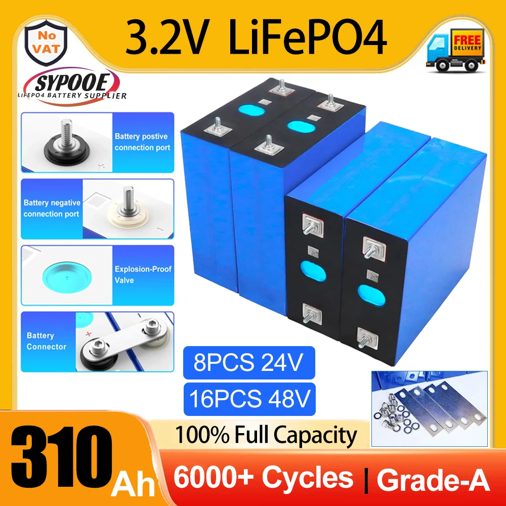 3.2V LiFePO4 Battery 310Ah 280Ah 100Ah with QR Code Grade-A Full Capaticy 6000+ Cycles LiFePO4 Battery with Screws Free Shipping