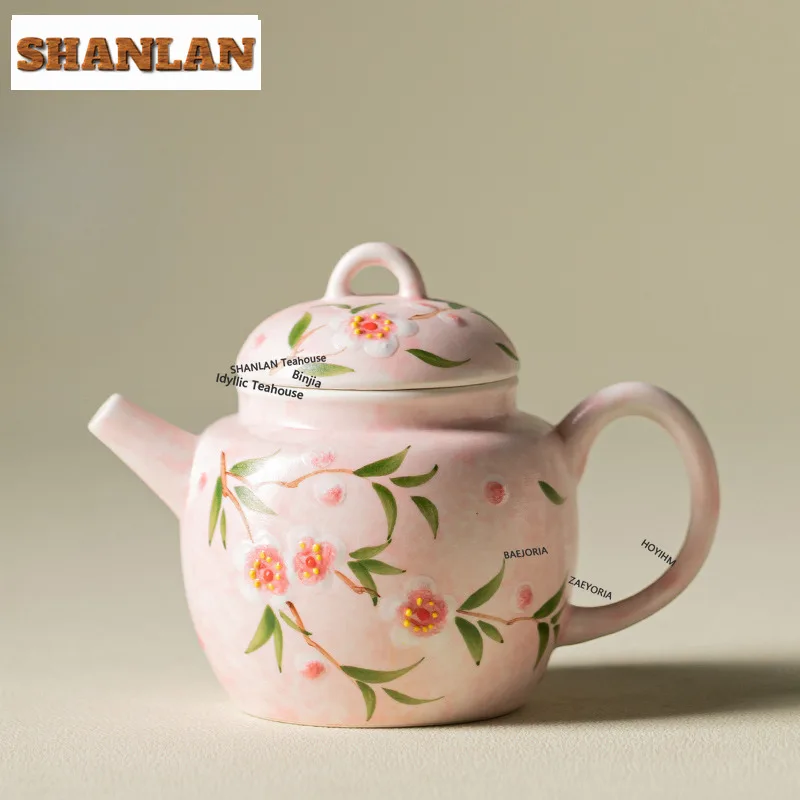 HOYIHM 90ml Hand-painted Peach Blossom Teapot Antique Tea Infuser Pot Tea Making Kettle With Strainer Tea Ceremony Supplies Gift