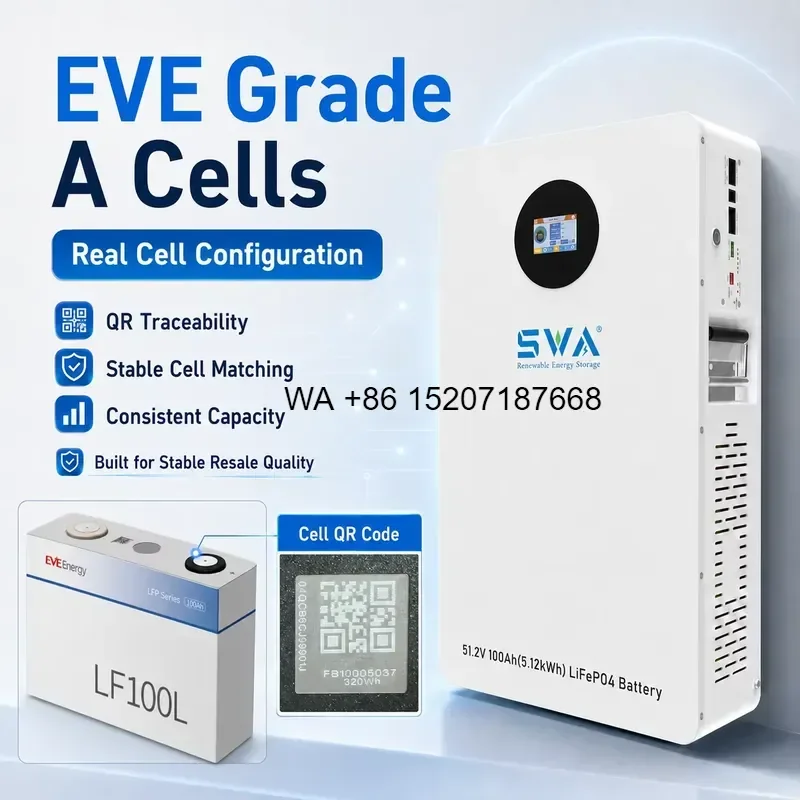 Wmwmnu 5.12Kwh 51.2V 100Ah LiFePO4 Battery with Real EV Grade A New Cells for PACE BMS Wall Mounted Energy Storage Lithium