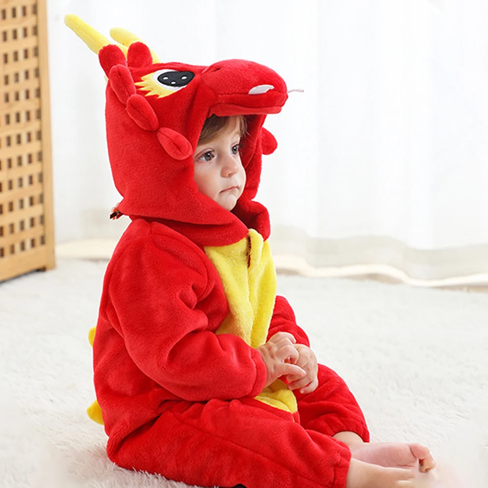 Kids Unisex Red Dinosaur Warm Hooded Nightgown Comfy Thermal Sleeping Clothes For Sleep Wear