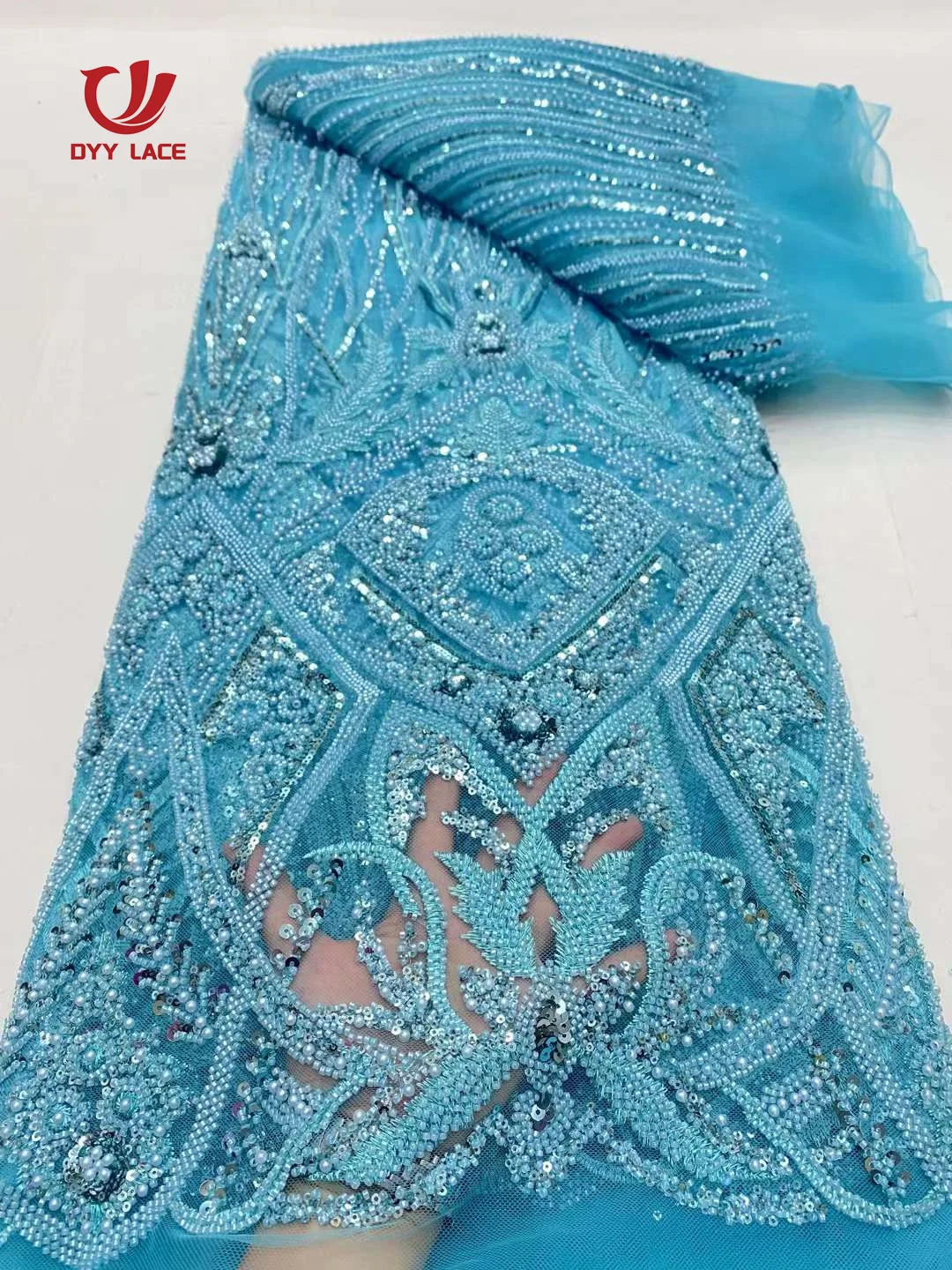 

2024 High Quality Fashion African Tulle Embroidered Groom Lace Fabric Beaded Sequins Lace Fabric For Nigerian Wedding Dress
