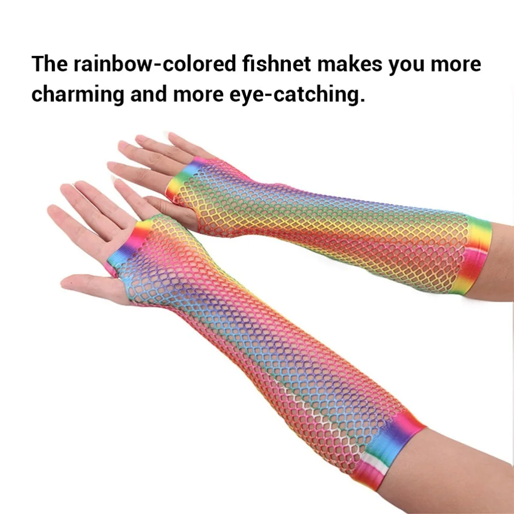 5 pairs Nylon Elbow Length Fishnet Fingerless Gloves Rainbow Color 9.06in Seamless Nylon Party Costume Gloves Gloves