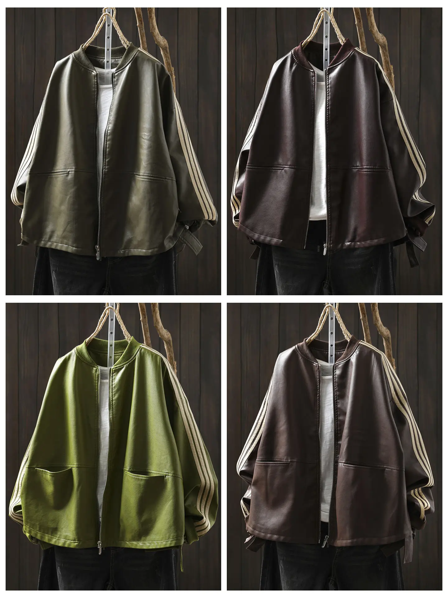 เสื้อแจ็คเก็ตหนัง PU ดีไซน์เฉพาะตัวสำหรับผู้หญิง ทรงหลวม แขนยาว สีสันสดใส สไตล์ฤดูใบไม้ร่วง แฟชั่นใหม่ เสื้อคลุมดีไซน์สำหรับเล่นกีฬา
