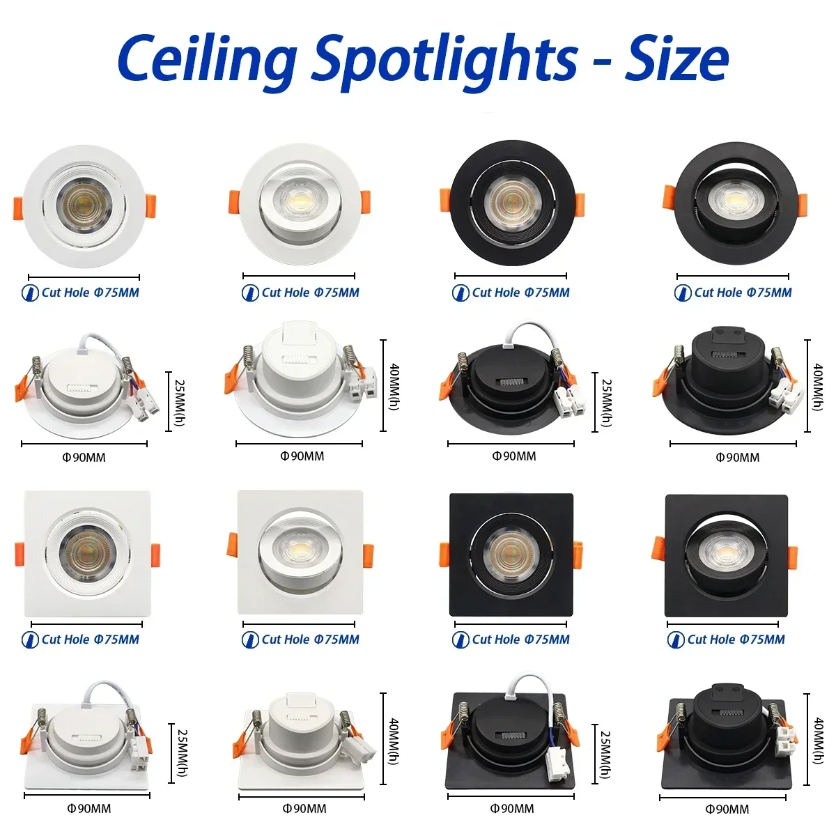 4pcs Dial Swich CCT Recessed LED Spot Llight  Downlight 3 Color Adjusted AC100-240V 3000K/4000K/6500K Ceiling Indoor Lighting