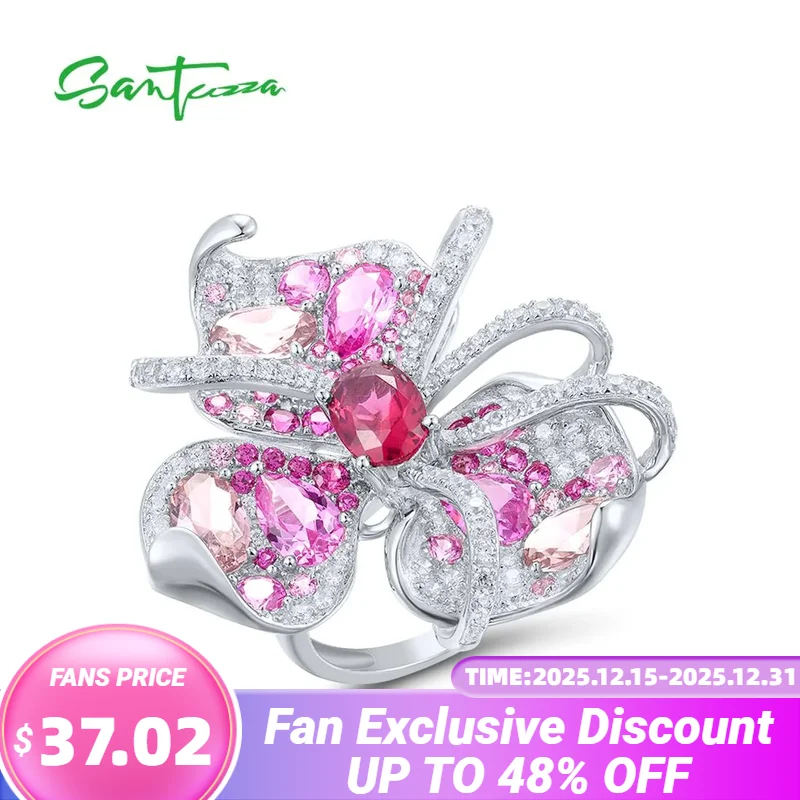 

SANTUZZA 925 Sterling Silver Ombre Rings For Women Sparkling Created Ruby Pink Sapphire Gorgeous Lily Flower Trendy Fine Jewelry
