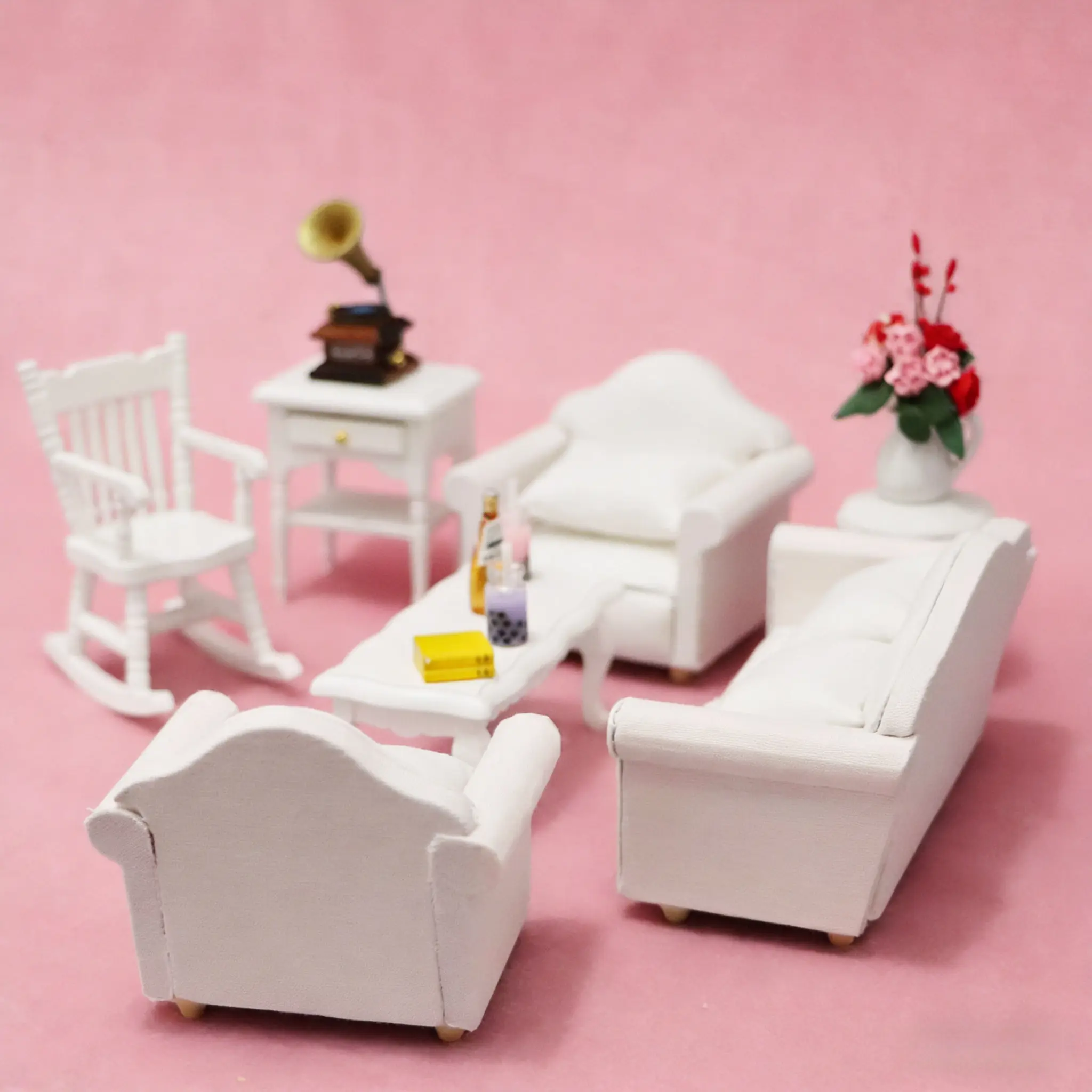 

1:12 Dollhouse Miniature White Sofa Set - 3-Piece Living Room Furniture, With 4 Pillows, Micro Scene Decor for Dollhouse