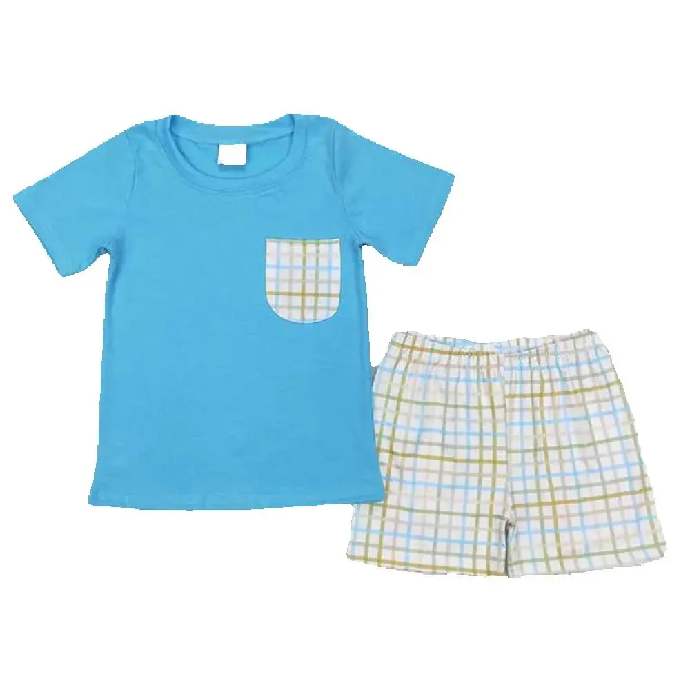 

Baby Boys Easter Green Checkered Pocket Tee Shorts Clothes Sets