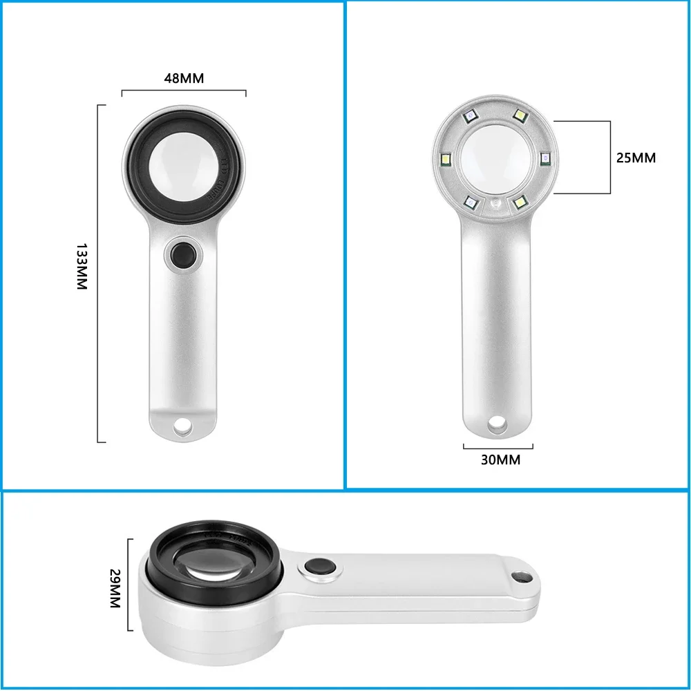Handheld 10X Magnifying Glass With 3 Light Illuminated 3 UV Magnifier For Seniors Reading Inspection Coins Jewelry Exploring