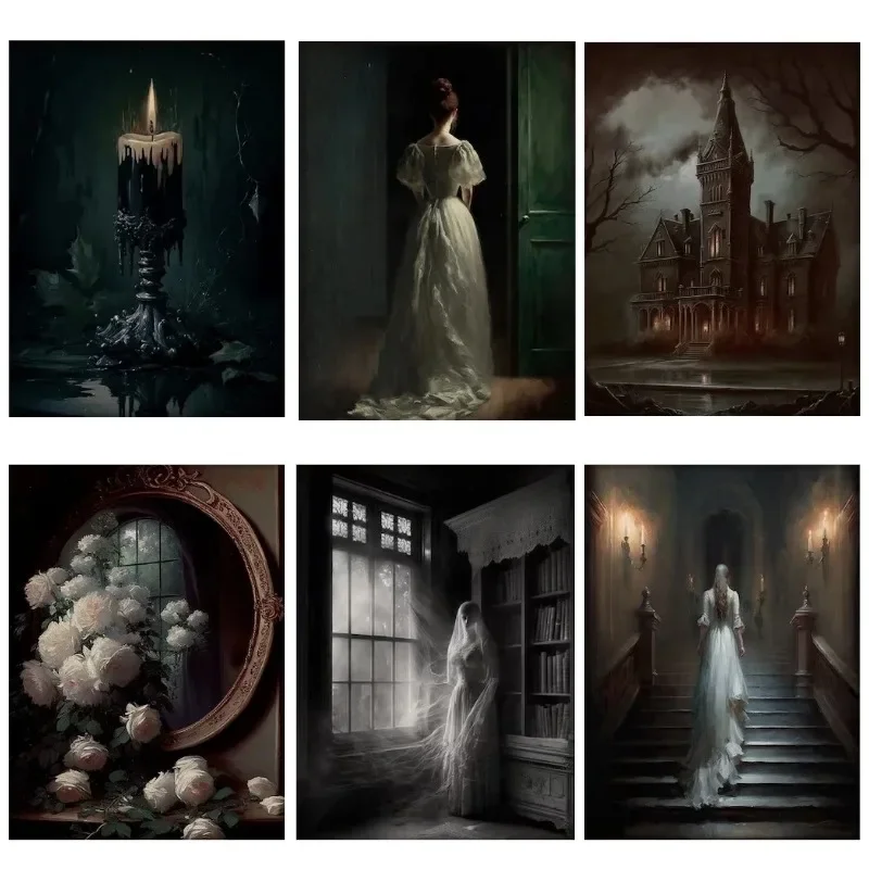 Dark Academia Gothic Wall Art Canvas Painting Haunted House Ghost Bride Skull Poster Prints for Gallery Living Room Decor