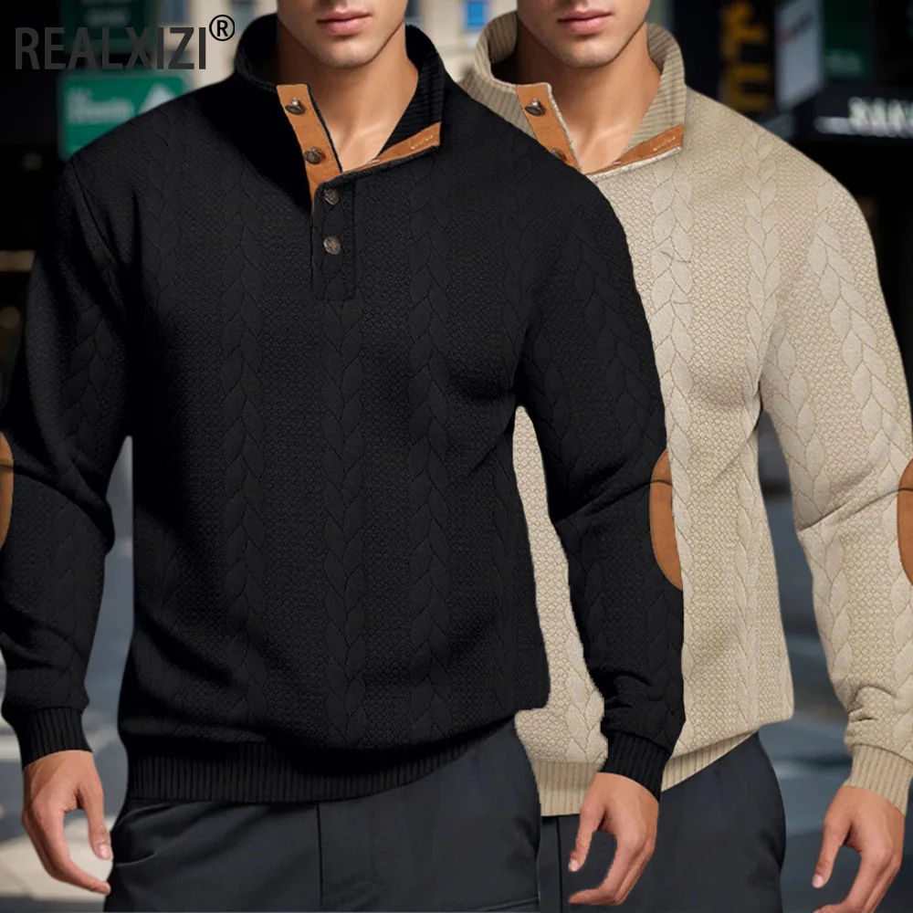 Suéteres de punto Jacquard para hombre, suéteres cálidos con cuello levantado y botones, sudadera informal de manga larga para exteriores