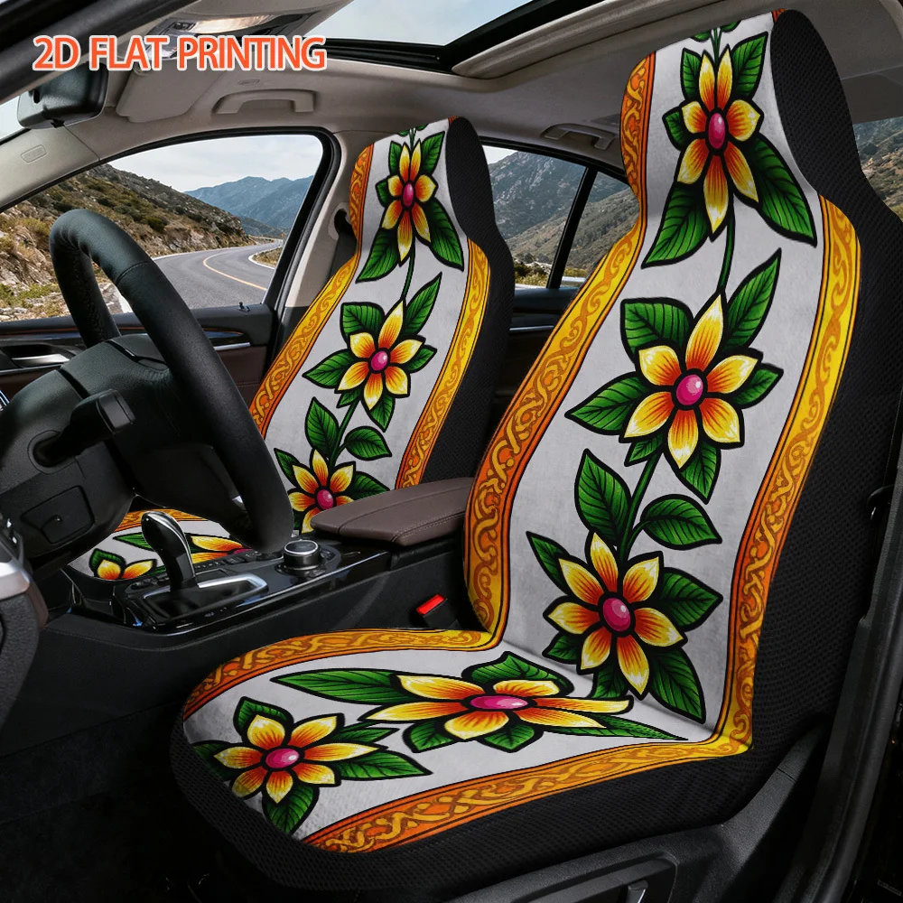 2D Flat Printing, 2pcs Floral Geometric Design Car Seat Covers, Practical Gift Idea For Drivers And Car Owners, Easy To Install