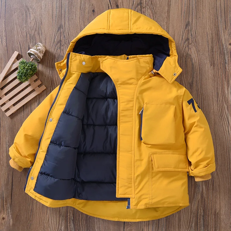 

2025 Winter New Hot Selling Thick Medium Sized Children's Color Blocked Hooded Warm Cotton Jacket