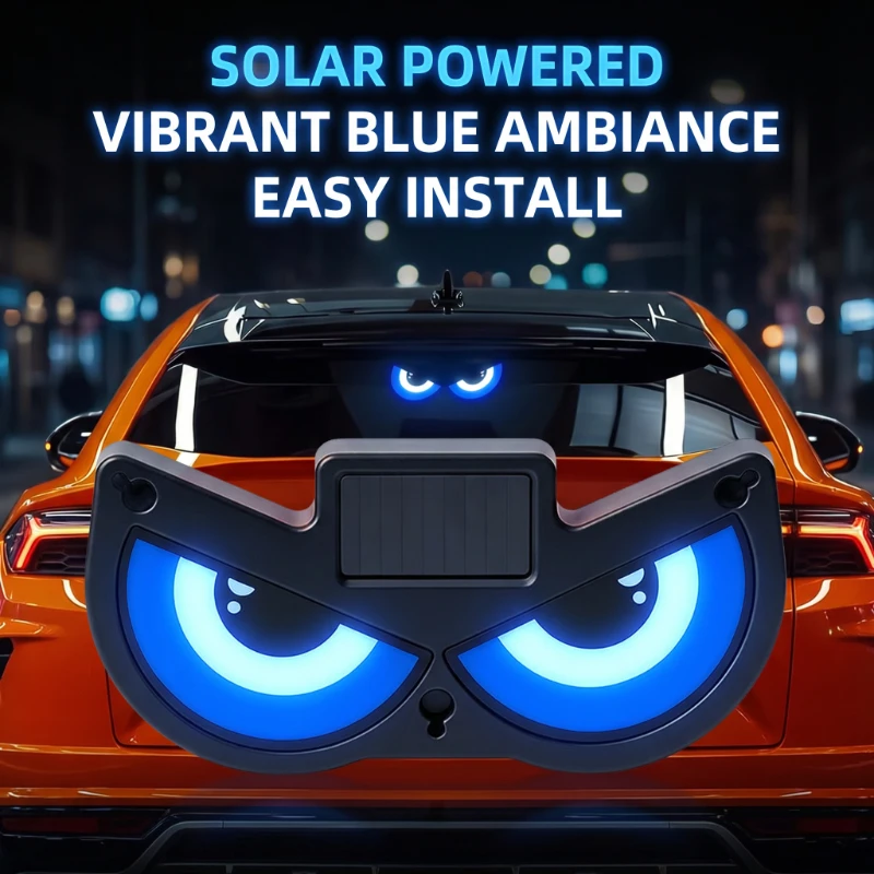 Cartoon Big Eyes Solar LED Car Window Light, 1Pc Dynamic Animated Expression Warning Lamp, Wireless Suction Cup Mount