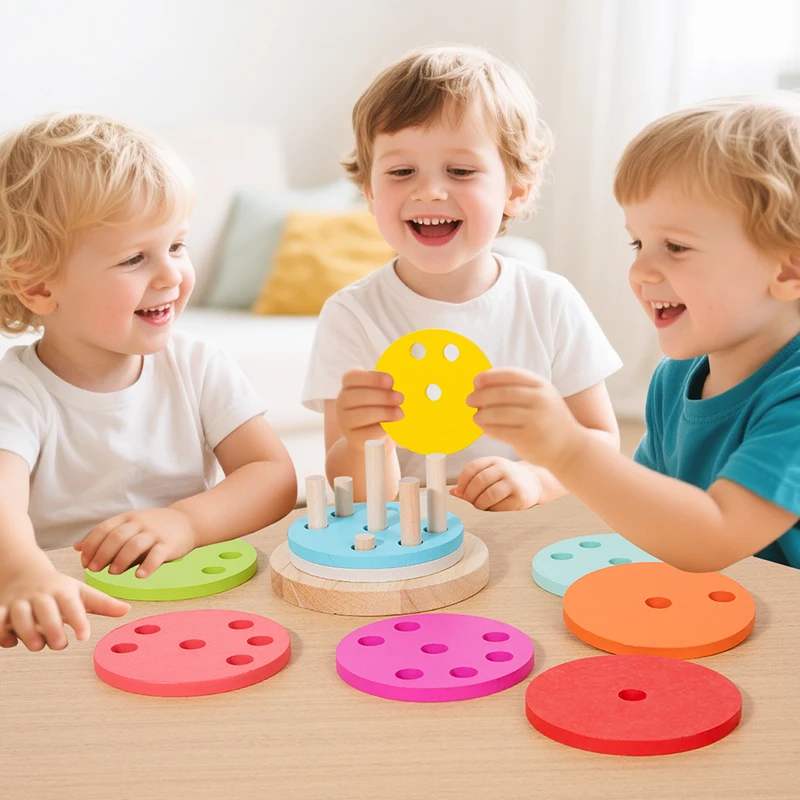 Wooden Rainbow Tower Toy for Kids-Color Set Pillar, Colorful Cylinders Hand-Eye Coordination Exercise & Intelligence Development