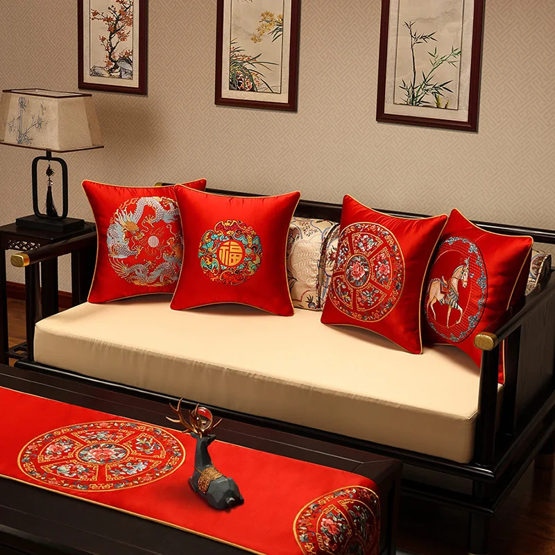 

Новые декоративные подушки в китайском стиле, красный шелковый цветок, праздничный поясничный чехол, подушки для спальни, свадьбы, декоративные подушки, подушка для стула