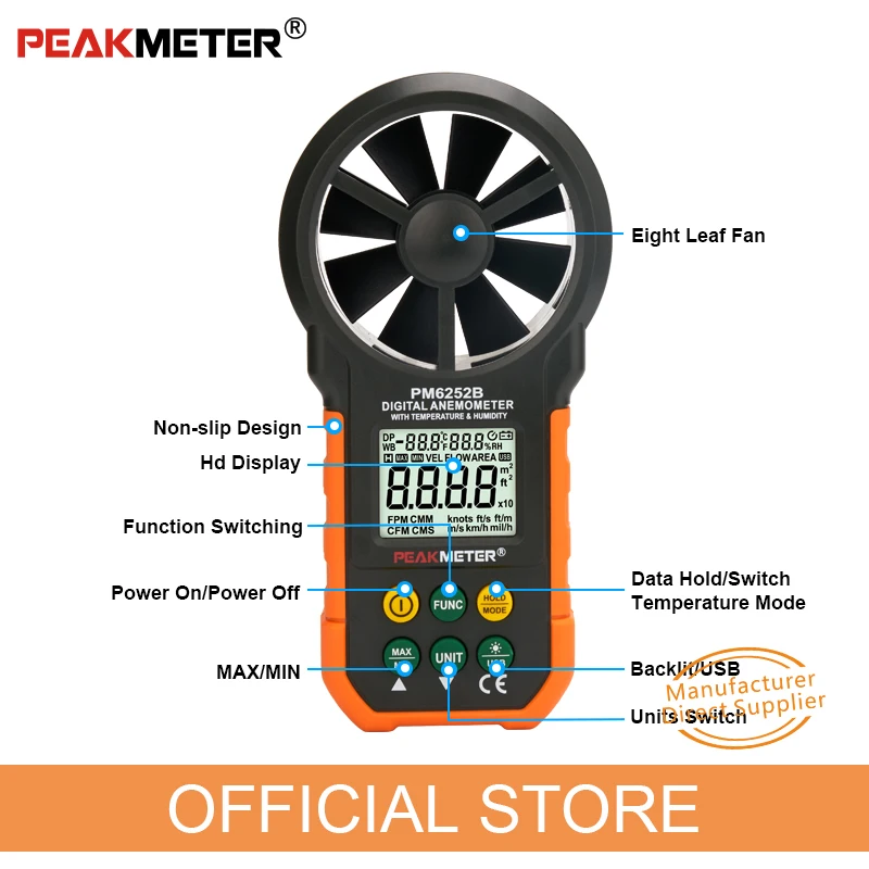 PEAKMETER PM6252B anemometr cyfrowy precyzyjny ręczny wiatromierz miernik prędkości wiatru prędkość wiatru, temperatura i wilgotność