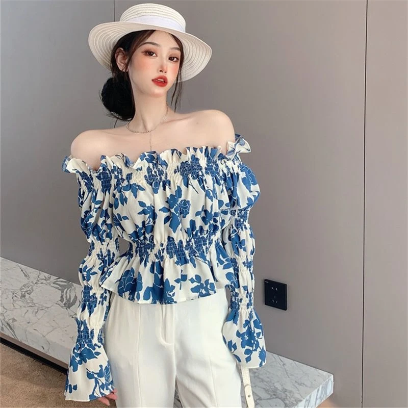 

Французская шикарная блузка на одно плечо для женщин, летняя новинка, весенний топ с цветочным принтом, длинный рукав, открытое плечо, милый стиль