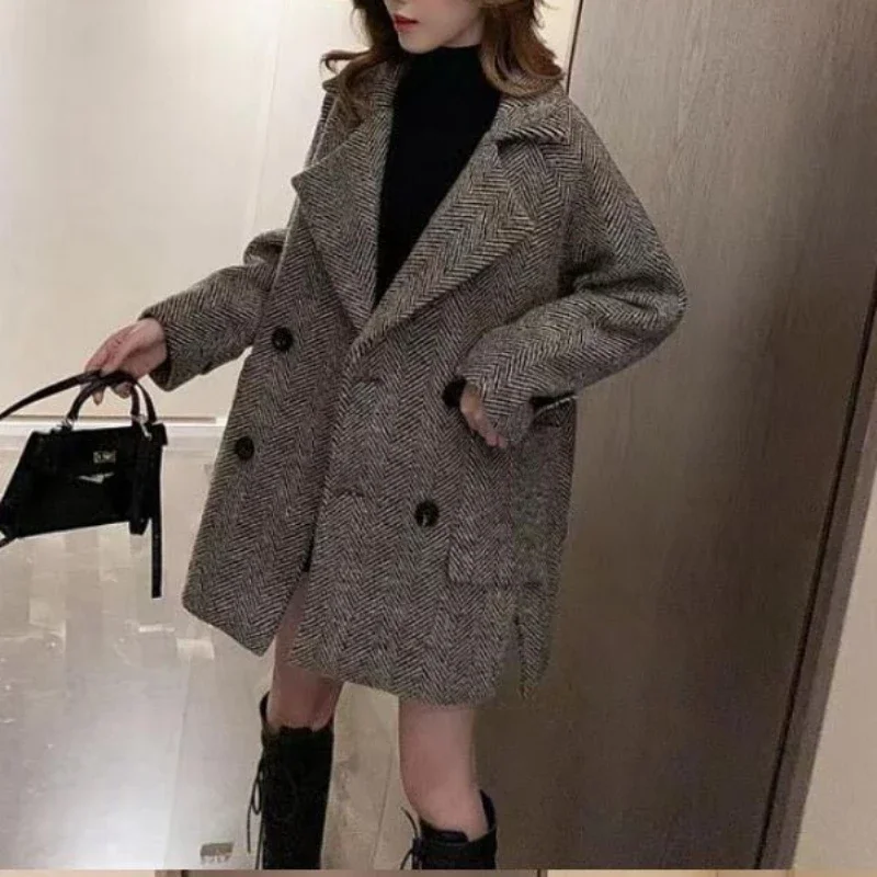 Chaqueta de Tweed gruesa en espiga de manga larga de estilo británico para otoño e invierno para mujer, abrigo informal Vintage con cuello de traje, ropa para mujer