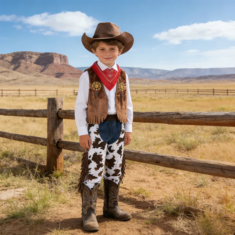 4PCS Cowboy Dress Up Outfits Baby Boys Easter Cosplay Clothes Vest+Scarf+Long Pants+Hats Carnival Party Costume Boy Holiday Gift