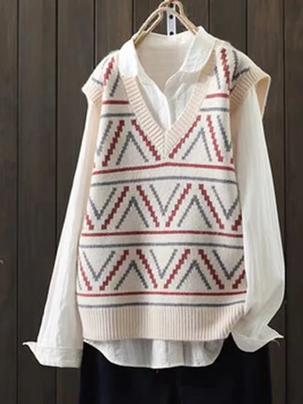 

Trendy Knitted Vest Top Women's Outerwear Jacket Retro Pattern V-neck Loose Fit Commute Style for Middle-aged Women