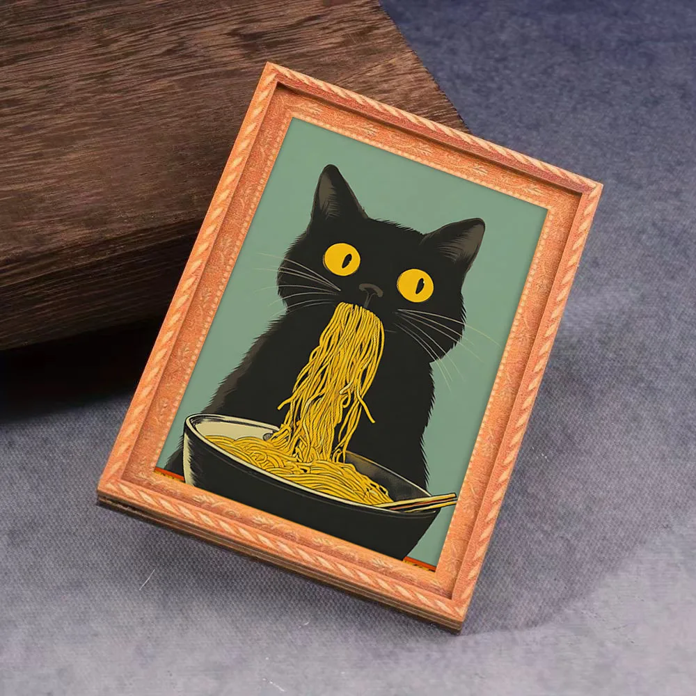 Cute Black Cat Eating Noodles Fridge Magnet,Funny Retro Art Refrigerator Sticker,Decorative Magnetic Ornament for Kitchen & Home