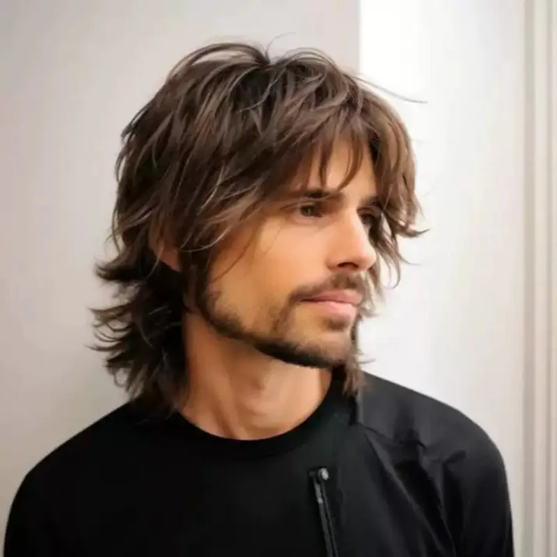 Men Medium Long Brown Wig Layered Shaggy Side Bangs Synthetic Hair Wig for Daily Wear Cosplay Costume Heat Resistant