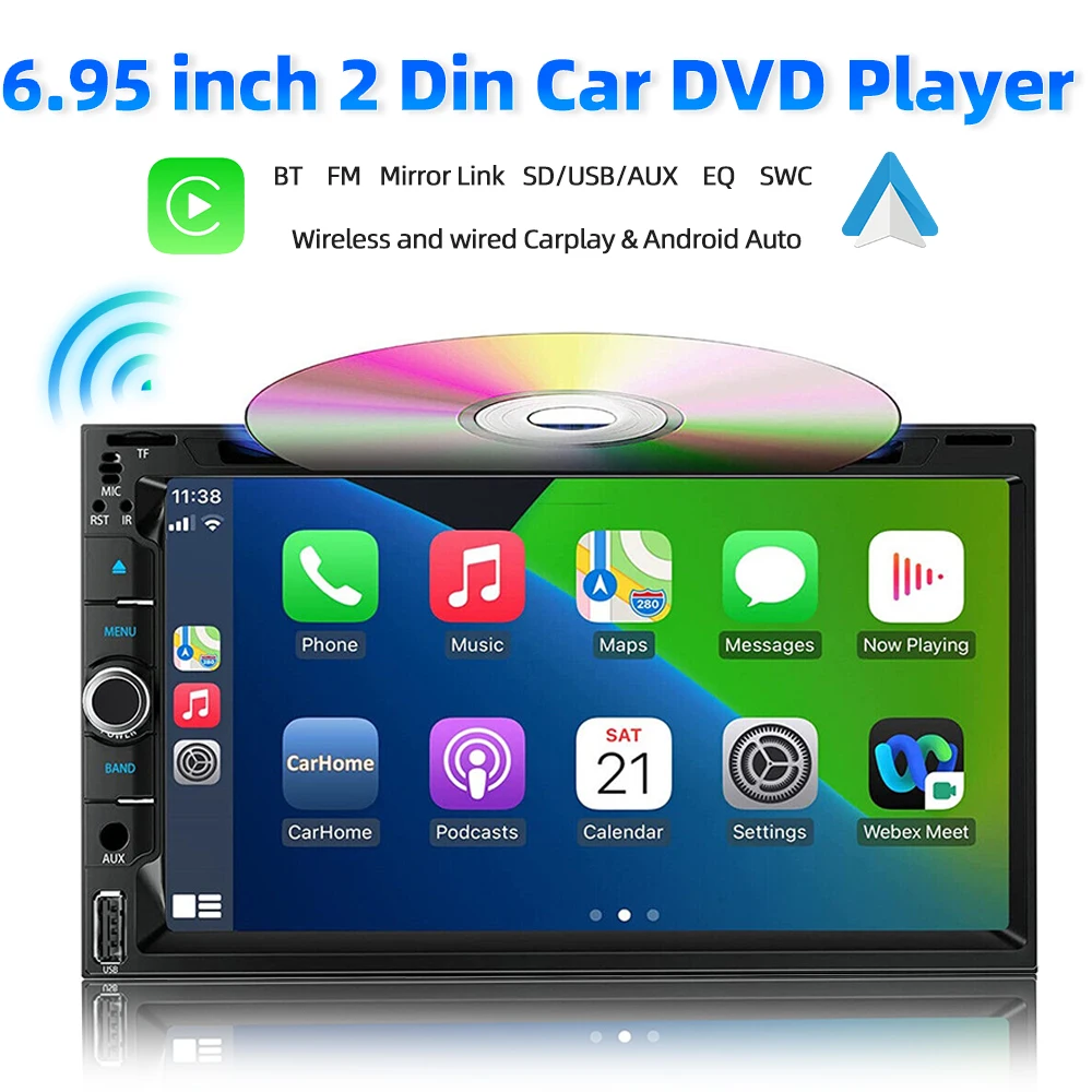 Car Multimedia Player Stereo Receiver Bluetooth 5.1 MirrorLink AUX Input 9.5 Inch 2 Din CD/DVD with CarPlay & Android Auto AM/FM