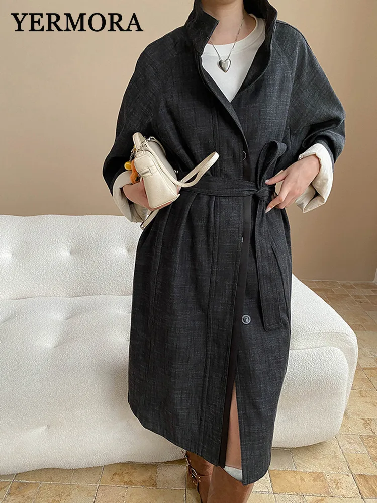 

YERMORA, джинсовые трусы с черным поясом, повседневный плащ для женщин, свободная новая ветровка с лацканами и длинными рукавами, модная весна-осень 2025