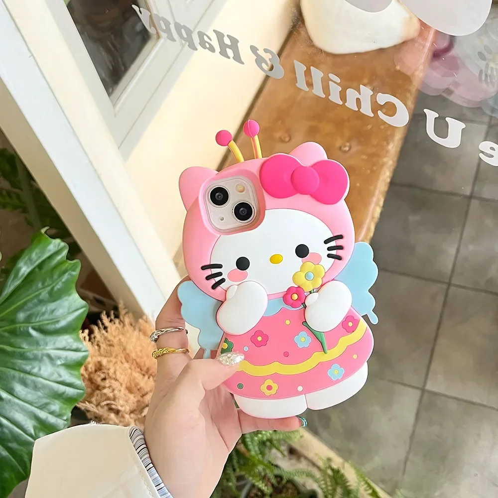 Cute Cartoon Pink Bee Hello Kitty Stereoscopic Phone Case for IPhone 15 14 13 12 11 Pro Max Plus Soft Silicone Back Cover Funda