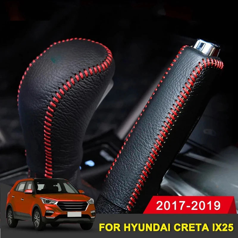 Leather Covers For Hyundai Creta Ix25 2017-2019 Car Handbrake AT Gear Head Shift Knob Cover Gear Shift Cover