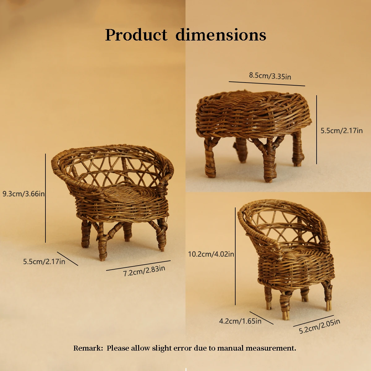 Mini meubles artificiels miniatures 1:12, Tables et chaises en rotin faites à la main, adaptés à la maison de poupée, maison de jeu, jouets, ornements