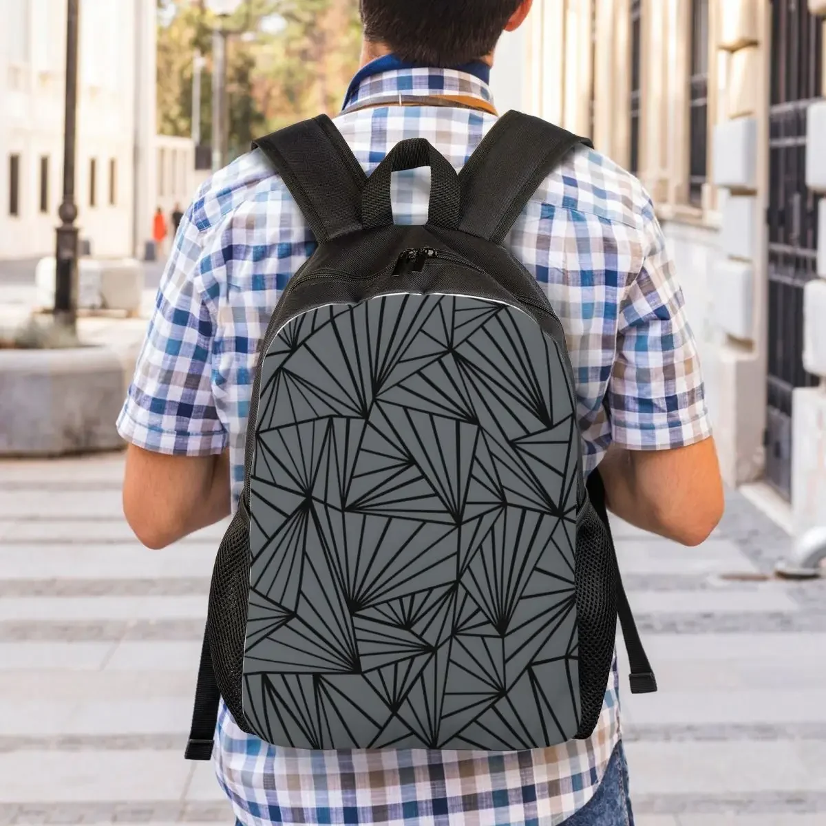 Custom Abstract Lines Geometric Fan Grey And Black Laptop Backpack Men Women Fashion Bookbag for School College Student Bag