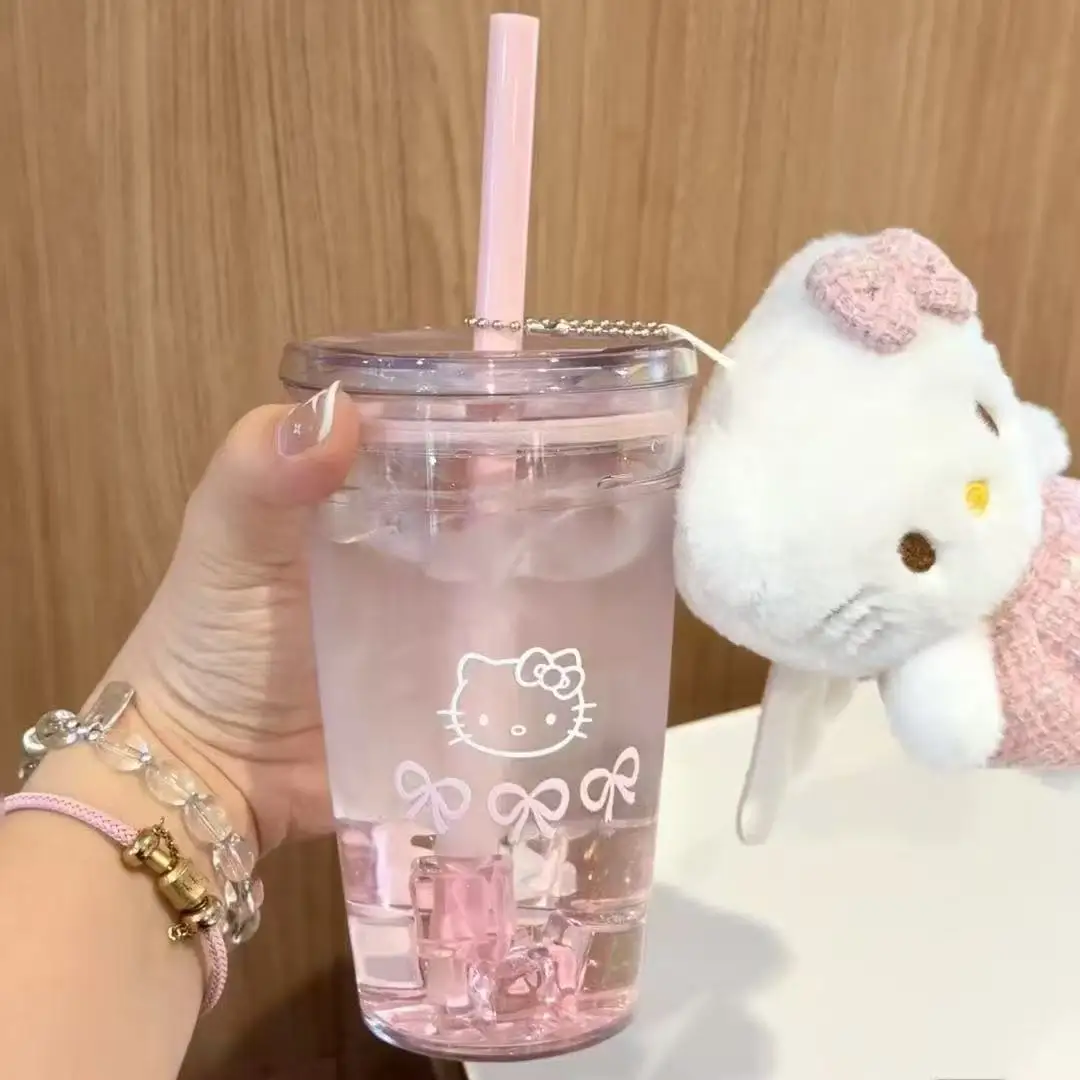 Sanrio Hello Kitty tasse de paille rose tasse d'eau en plastique Transparent de grande capacité tasse Portable en plastique Kawaii cadeaux de noël