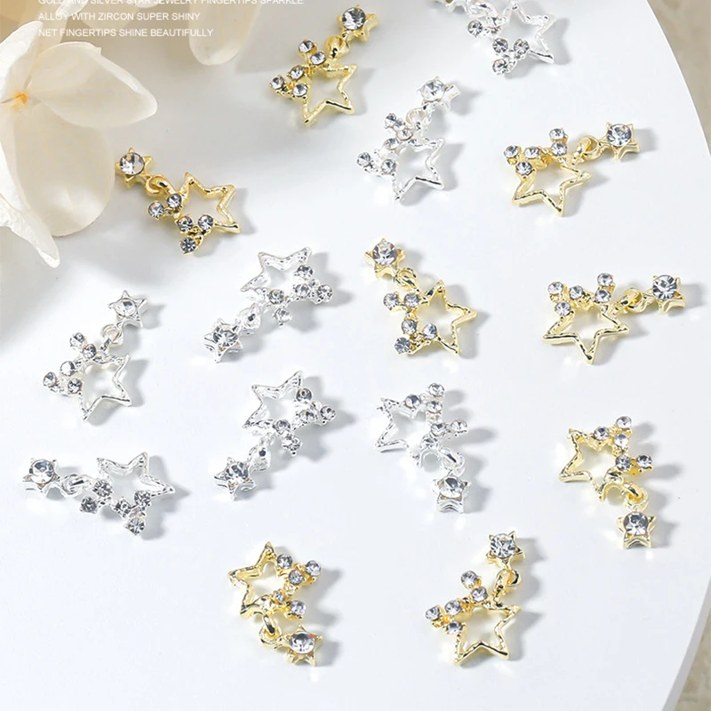 10 buah bintang Pentagram perak hiasan kuku liontin Super mengkilap menjuntai kuku mewah dekorasi kuku gemerlap perlengkapan manikur