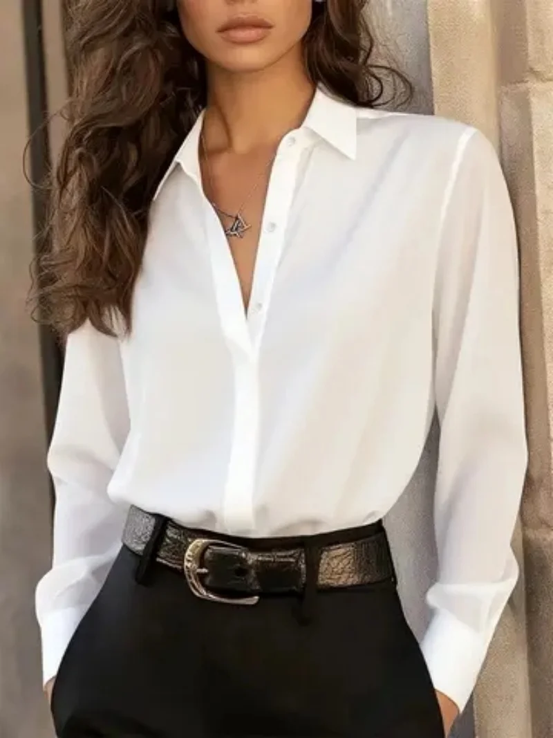 Blusa feminina de manga comprida com botões – blusa chique de escritório elegante com gola clássica e estilo versátil