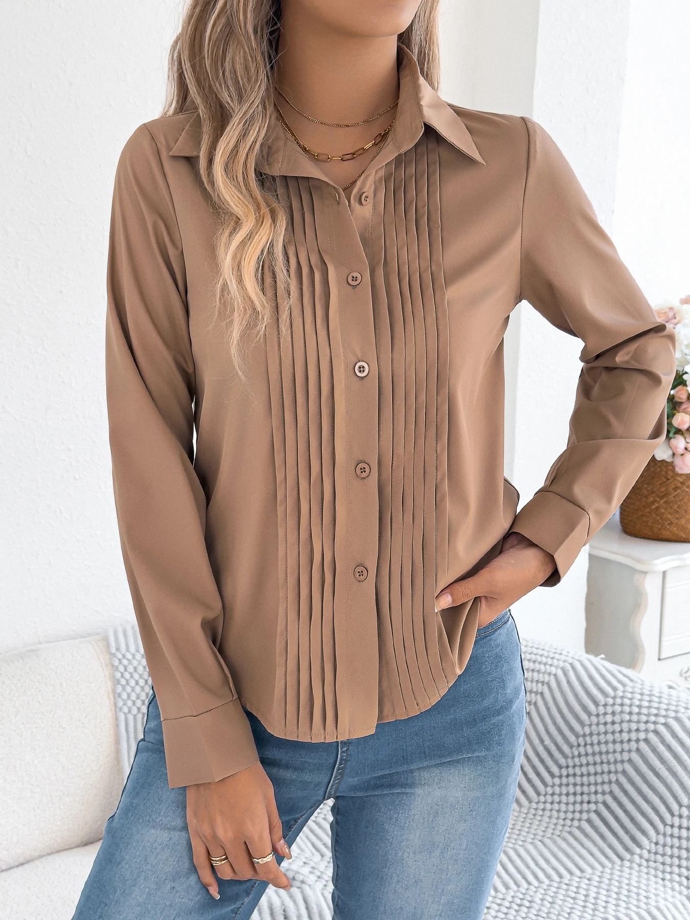 

Autumn Winter Chiffon Shirts Women 2025 Casual Solid Color Lapel Neck Button Long Sleeve Blouse Khaki White Green