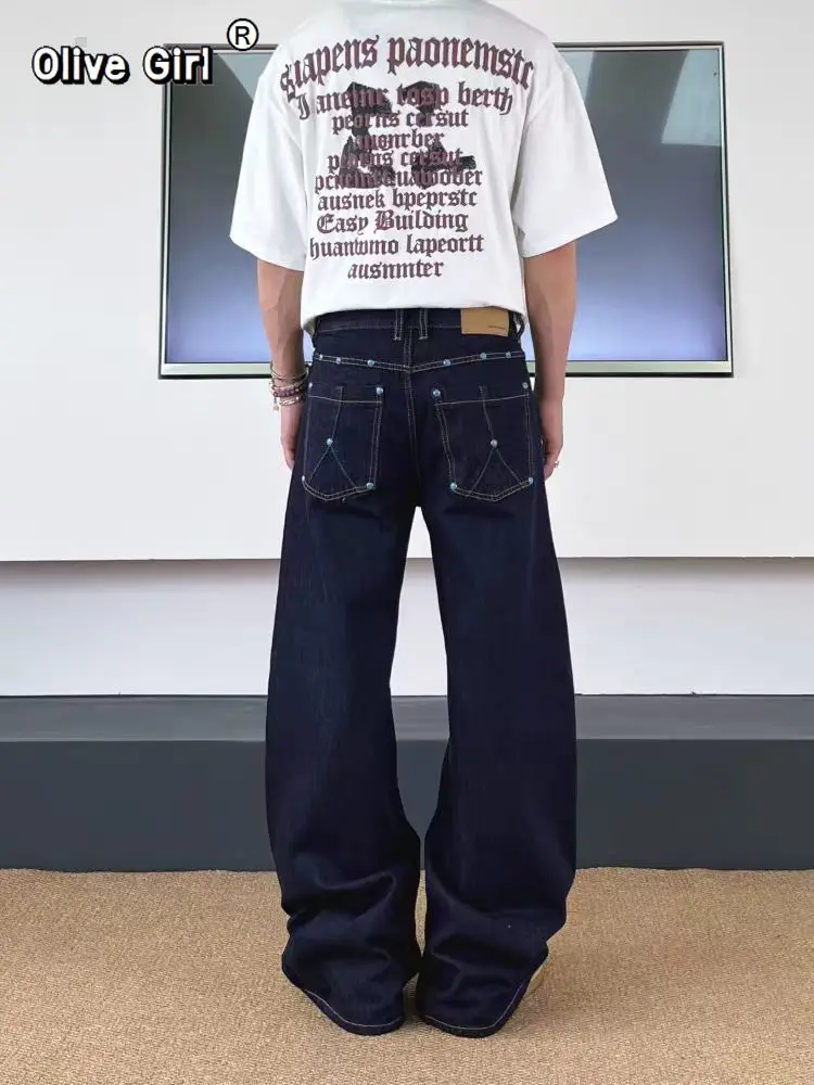 Olivegirl Blue Jeans Women Y2K American Vintage 2000s 2026 High Waisted Straight Streetwear Casual Loose Wide Leg Denim Pants
