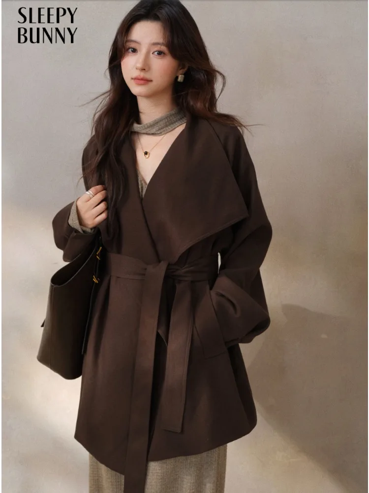 Vintage Lapel Belted Coat Loose Fit Brown Trench Women Mid-Length Winte Outerwear Elegant Minimalist Wrap Jacket Chic Warm Style