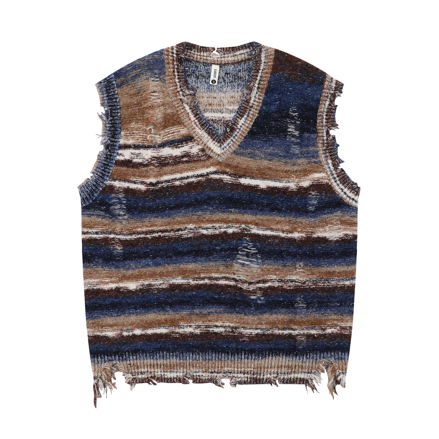 Vintage Gradient Stripe Baggy Knitted Sweater Y2k Vest Washed Ripped Knitwears Tank Top Tie Dyeing V-Neck Sleeveless Pullovers