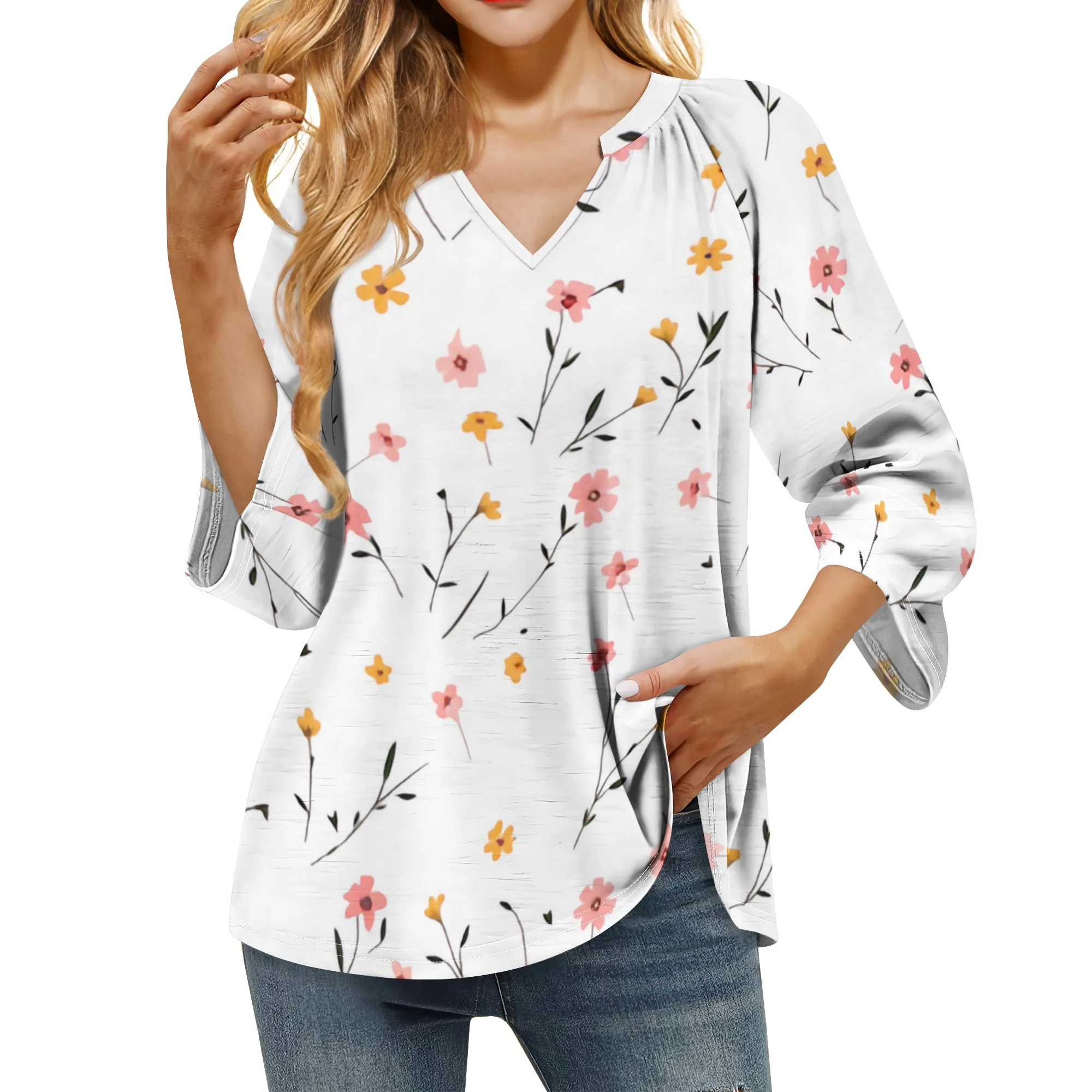 

Petite Pink Flower Graphics T Shirts for Women 3/4 Length Sleeve Womens Floral Tops Dressy Casual Blouses V Neck Tee Shirts