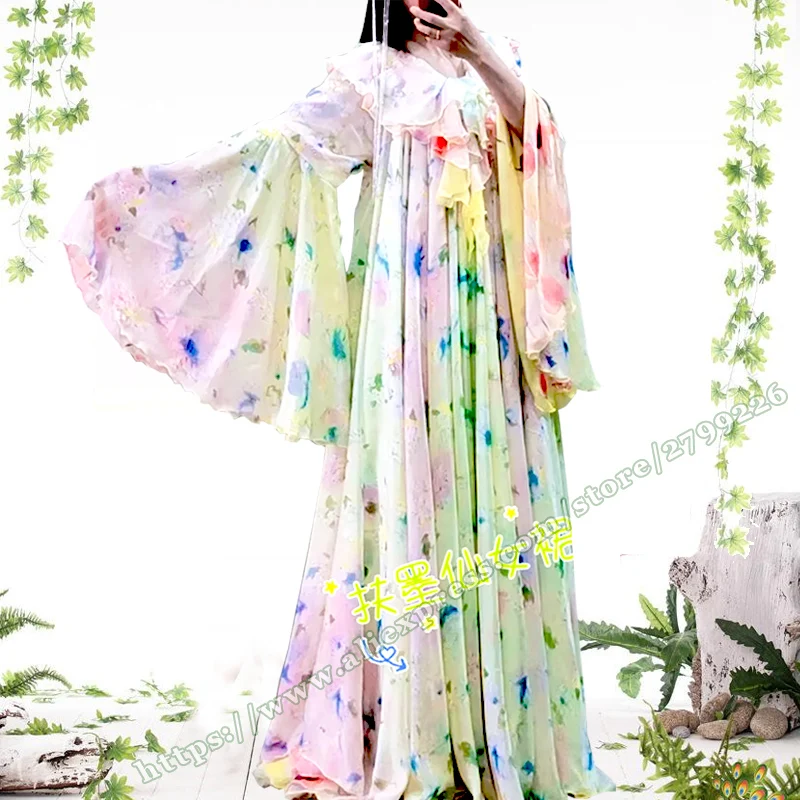 Fairycore Yellow Printed Tencel Chiffon Flowy Long Maxi Dresses for Women 2024, Summer Long Sleeved Mopping the Floor dress