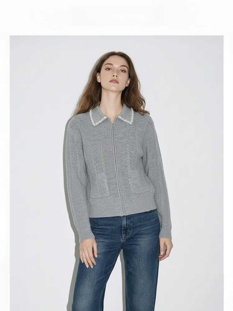 

Ele ey Long Sve Knitted Cardigan Women's Faion Pearl Collar Zipper Twist Knit Open Sweater Soft Nylon Wool Blend