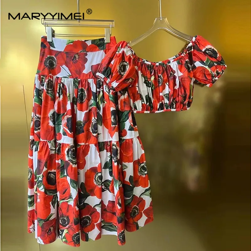 

MARYYIMEI Fashion Women's Poplin Short Sleeve Sexy Charming Floral Print Patchwork Short Top+MIDI Half Skirt 2-Piece Set